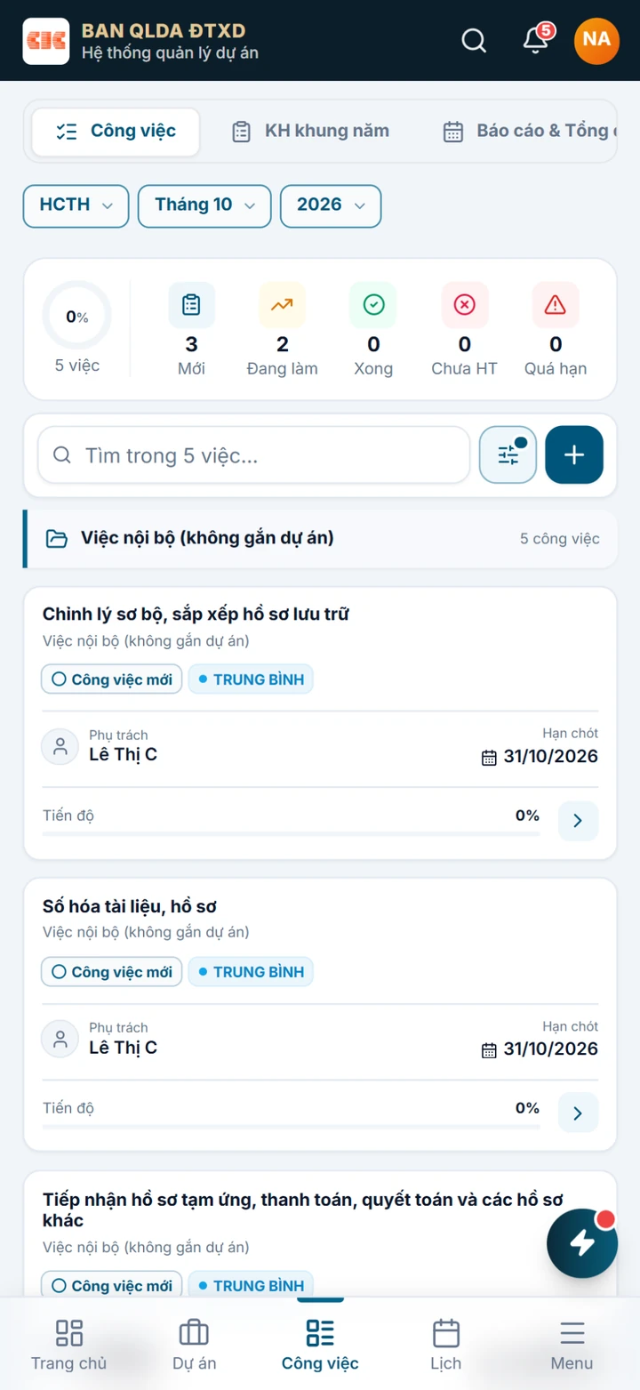 Giao diện điện thoại: Công việc